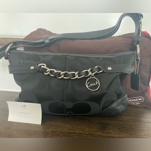 Coach Black Leather Logo w/ Silver Chain Shoulder Bag & Dust Bag